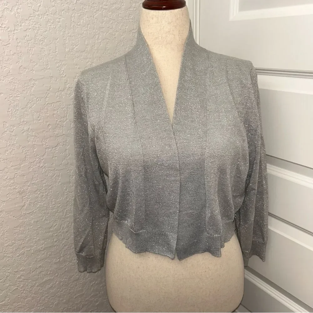 Calvin Klein Shimmer 3/4 Length Sleeve Open Front Crop Cardigan Sweater Top